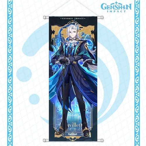 Rainteam Genshin Impact Poster zum Aufhängen, Wandkunst, künstlerische Leinwand, Genshin-Figuren-Poster mit Stangen, für Wohnzimmer, Schlafzimmer, Dekoration (69,8 x 25,4 cm) (Neuvillette)