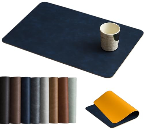 Univo Colors Große Tischsets aus gewaschenem Rindsleder, PU-Leder, Set mit 6 hitzebeständigen Küchentischmatten, wasserdicht, abwischbar für Party-Dekoration, große Größe, marineblau,