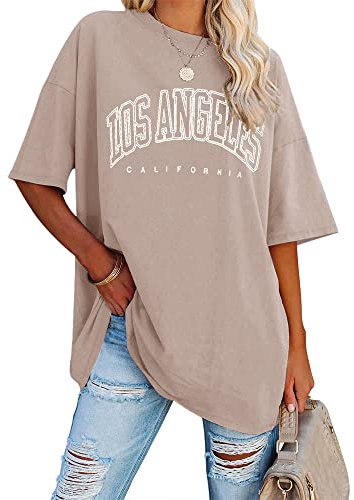 Ebifin Oversize T Shirt Damen Vintage Kurzärmeliges Rundhals Los Angeles Oberteile Tops Casual Lockere Basic Sommer Tee Shirts Bluse.Khaki.M