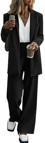 Tomwell Tailleur Femme 2 Pièces Elegant Couleur Unie Slim Fit Blazer Veste Formel Bureau Travail Pantalon Costumes Revers Manteau Ensemble A Noir L