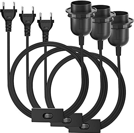 3 x E27 Lampenfassung mit Schalter & 3m Kabel, Energieklasse A, Steckdosenfertige Set mit Schraubring für Küche, Büro, Wohnzimmer (Schwarz)
