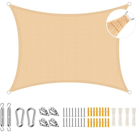 Duerer 3.6x4.8m Vela Ombreggiante con Kit di Fissaggio, Rettangolare Tenda a Vela Protezione UV per Esterno Giardino Terrazza-Sabbia