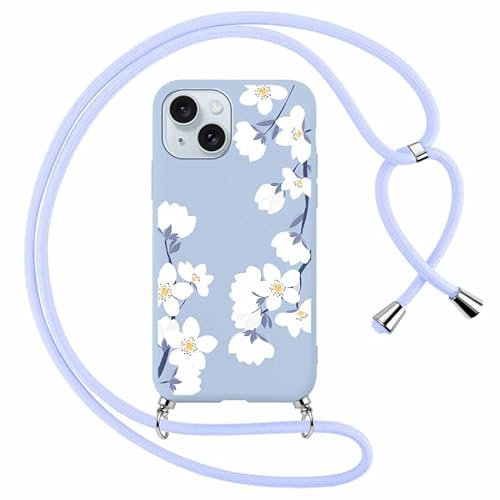 Foonary Handyband Hülle mit Band für iPhone 15 6,1 Handyhülle, Aesthetic Design Kette Necklace Case mit Kordel zum Umhängen Silikon Bumper Schutzhülle Cover Schnur für iPhone 15, Blumen 2