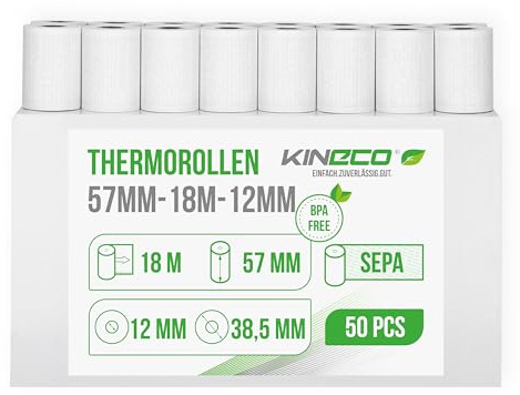 Kineco Ec-Cash Kassenrollen 57mm x 18m x 12mm (50 Rollen) - Thermorollen | mit SEPA Lastschrifttext , Kredit-Kartenlesegeräte (57x38,5x12) , Thermopapier, Bonrollen für Bankomat