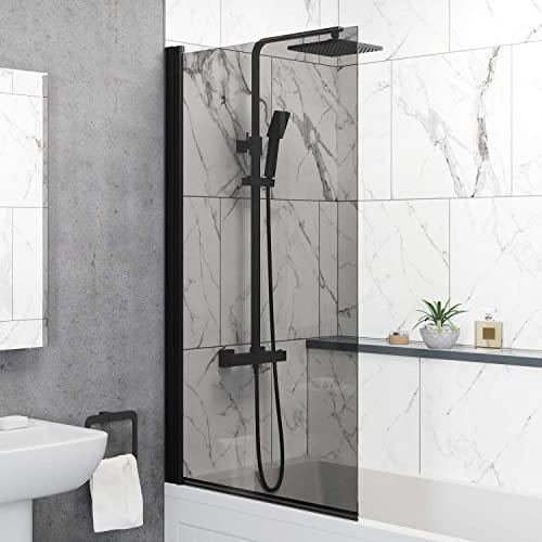 BAYSTONE Over Bath Shower Screen Frameless Black Square 6mm Safety Glass Panel 800mm