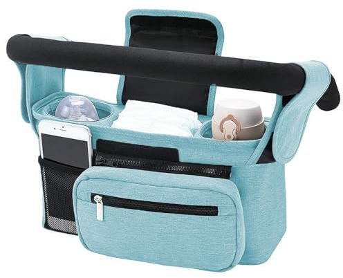 Organiseur universel pour poussette avec porte-gobelet isotherme – Sac de téléphone amovible et bandoulière – Convient pour poussette comme Uppababy, Baby Jogger, Britax, BOB, parapluie et poussette