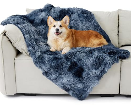 BEDSURE wasserdichte Hundedecke für mittelgroße Hunde - 80 x 100 cm Langer Plüsch Hundedecke waschbar, Haustier Decke flauschig und weich, Schutzdecke Hundesofa, Katzendecke für Katzen, Batik-Navy