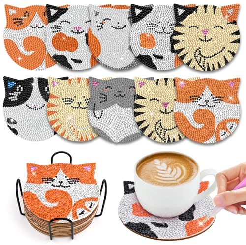 WuGU 10 Pièces Peinture Diamant Dessous de Verre, 10 cm Dessous de Verre, Diamond Painting Chat, sous-Verres Art de Diamant avec Support, Tapis de Tasse Mandala en Bois pour Tasses, Vases, Cadeau-Chat