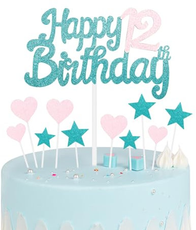 Blue Pink 12th Birthday Cake Topper, Girls 12th Birthday Decorations, Glitter Heart Stars Cake Toppers, Personalised Happy Birthday Cake Cupcake Toppers for Women Girls Baby Birthday Party Supplies