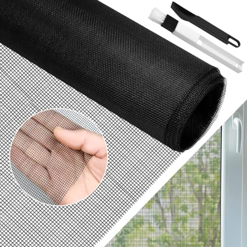 BUZIFU Fliegengitter Meterware, Fiberglas-Fliegengitter Gewebe, 90 x 500 cm, Insektenschutz Gaze Fenster Mesh mit Fensterputzbürste, Schutz gegen Mücken, UV-beständig für Fenster und Türen (Schwarz)