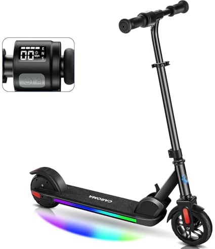 Caroma Elektroroller für Kinder von 8-12 Jahren, 150W Motor, 17 km/h, 80 min Fahrzeit, Einstellbare Geschwindigkeit & Höhe, Bunte Lichter, LED Display, Faltbarer Kinder Elektroscooter(Schwarz)