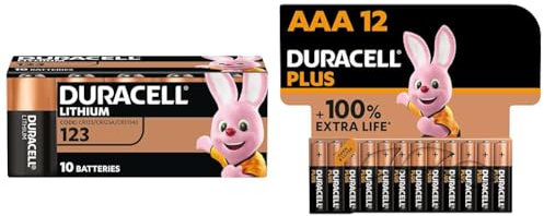 Batterie DURACELL CR123 (confezione da 10) al litio ad alta potenza da 3 V & Batterie Plus AAA (pacco da 12) - Alcalina 1.5V - Fino al 100% di extra durata