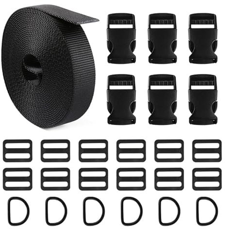 AINIUNIU Nylon Gurtband 5.4m x 2.5 cm Nylongurte mit Schnallen, 6 Side Release Schnallen Clips und 12 Tri-Glide Folien und 6 D-Ringe mit für Heimwerker Macht Koffergurt, Rucksack Reparatur