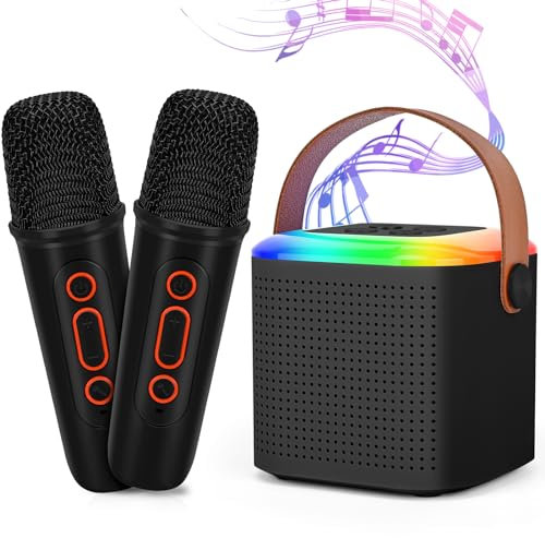 Mamowla Mini Machine de Karaoké sans Fil avec 2 Jouets de Micro Karaoke Enfant Bluetooth sans Fil, Micro Karaoke sans Fil Lumières LED, Micro Karaoke Portable Adaptée Débutants et Enfants, Noir