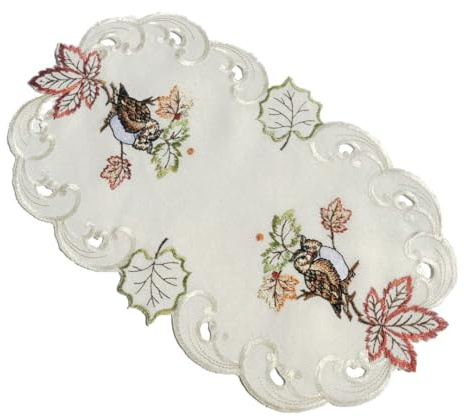 Eulen Blatt Tischläufer Tischdecke Mitteldecke Deckchen gestickt Creme (30x45 cm)