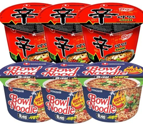 Starry Mart NS Korean Instant Bowl Noodles Soup (Pack of 6) - SHIN x 3 & Hot and Spicy x 3