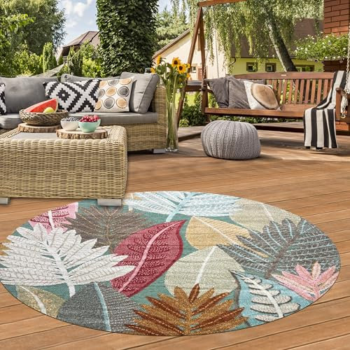 Teppich-Traum In-und Outdoor Teppich Garten Terrasse wetterbeständig pflegeleicht Pflanzenmuster Hoch Tief Design türkis bunt 160 cm Rund