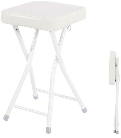 Klapphocker mit Fußstütze für Erwachsene, tragbar, rückenfrei, gepolsterter Stuhl für Küche und Zuhause (Weiß, 48,3 cm)