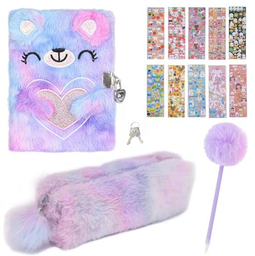 DERJDISF Bär Plüsch Tagebuch mit Schloss, Notizbuch mit Schloss für Student - Vollständiges Teddybär-Notizbuch-Set mit Freundebuch, Journal und weiteren Extras – Ein exzellentes Präsent!