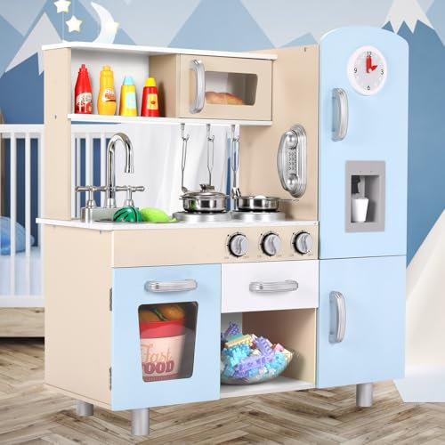 Puppenküche Holz, Kinderküche aus Holz, Spielzeugküche mit zubehör, inklusive Eismaschine, Telefon, Uhr, Backofen, Rollenspielküche für Kinder, Kinderspielzeug, Babyspielzeug Spielküche, Blau
