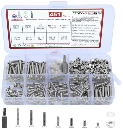 Set di 451 viti M3, viti a testa svasata Torx, set di viti per macchina a testa svasata Torx, viti a testa piatta con dadi, viti filettate con set di rondelle (M3, argento)