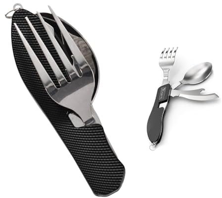 4 in 1 Feldbesteck Outdoor Flaschenöffner Messer Gabel löffel Set,Campingbesteck Klappbesteck,Edelstahl Schwarz Camping Besteckset,Outdoor Besteck,Geeignet für Picknicks und Camping im Freien.