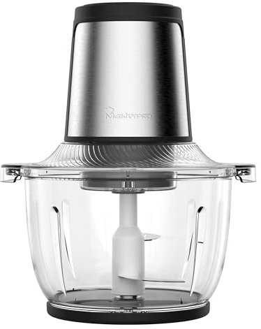 MasterPRO FOODIES, Picadora eléctrica multiusos de 1.5 L con 400 W de potencia, Carcasa y cuchilla de acero inoxidable, Recipiente de vidrio, Con 2 velocidades, Apto para lavavajillas