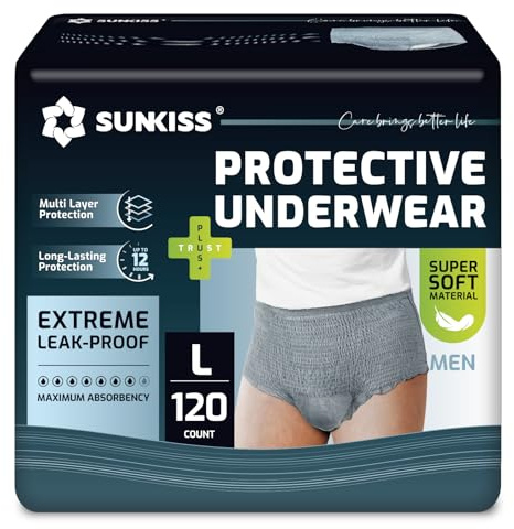SUNKISS Inkontinenz Pants Männer, Grau, Größe L, 120 Stück 4er Pack | Tagsüber Einweg Windelhosen für Erwachsene, Herren Windeln mit Maximaler Saugfähigkeit für Zuverlässige Absorption