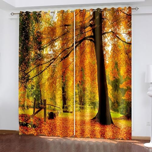 AMDXD Verdunklungsvorhänge Fenster Vorhänge Blickdicht, Herbst Baum Thermovorhang mit Ösen Gardinen B214 x H244 cm/Pcs (2er Pack), Blackout Curtains Orange 214x244cm