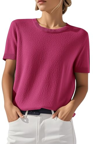 shownicer Femmes Pull Manches Courtes Printemps Été Sweatshirt Col Rond Top Tricot Couleur Unie Casual Pullover