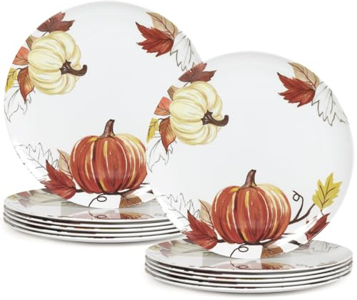 Gofunfun 12pcs ‌Melamine Dinner Plates,10 Inch ‌Pumpkin & Autumn Leaf Decorations Plate,Reusable Melamine Dishes Set for Thanksgiving & Fall Decor‌ Party, Ideal for Salad,Dessert,Fruit and Cakes