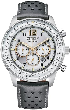 Citizen Eco-Drive Sport Casual Cronografo Orologio Uomo Cinturino in Pelle Grigio Quadrante Argento Cronografo Data (Modello: CA4500-24H)