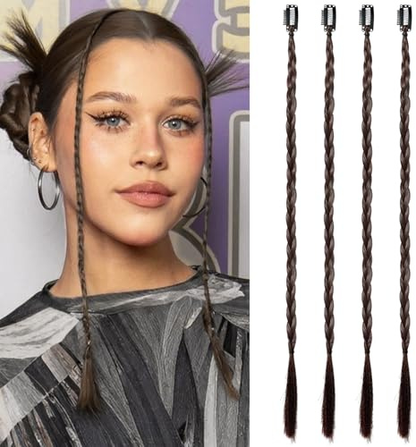 Clip-in syntetiska hårdelar för kvinnor, 43 cm flätade extensions, dagligt bruk & feststyling, mörkbrun (4 st)