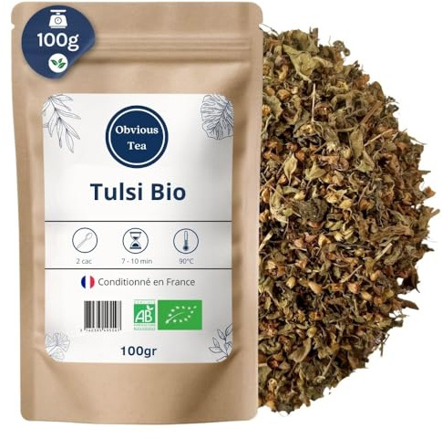 Infusión de hojas de tulsi ecológicas - Infusión de hierbas relajante y estimulante del sistema inmunitario - Adaptógeno y antiestrés - Ocimum tenuiflorum L. - Cultivado ecológicamente