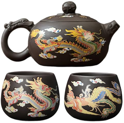 Kung-Fu-Teeset, chinesisches Teeset mit Farbwechsel, Drache und Phönix, enthält 1 lila Ton-Teekanne und 2 Teetassen. Kung Fu, chinesisch, magisch