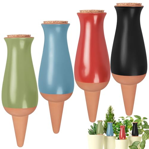 Srapwati Lot de 4 pics d'arrosage automatique en terre cuite pour plantes, piquets d'irrigation goutte à goutte, design de remplissage supérieur pour plantes en pot d'intérieur et d'extérieur (rouge