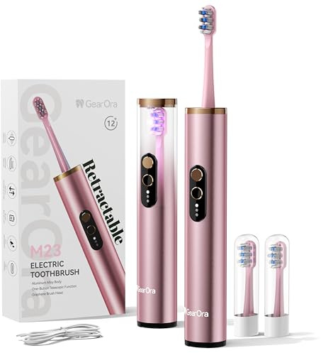 GearOra M23 Retractable Travel Electric Toothbrush with UV Sanitiser, Sonic Electric Toothbrush for Adults, 30-Day Battery, Aluminum Alloy, 130g Ultra-Light, 3 Modes, USB-C, IPX7, Pink