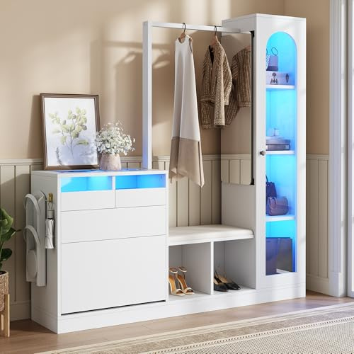 Easexcy Combinación de entrada 6 en 1, juego de perchero, tocador con barra para colgar, zapatero y zapatero plegable, vitrina de cristal, 163 x 50 x 161 cm