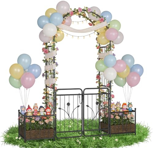 YRHome Metall Rosenbogen Mit Tür,195.5×50×220cm Gartentorbogen,Wetterfest Rankbogen Rosen für Garten Dekoration Hochzeitsdekoration,Schwarz-Mit Seitenrahmen