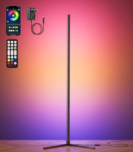 riyo Led Floor Lamp, 2400LM 146cm RGB Corner Floor Lamp, Black | Floor Lamp with 168 LEDs White Light, Music Sync, Smart Standing Lamp for Living Room, Bedroom, Gaming Room Decor