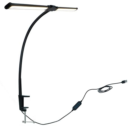 Relaxdays Schreibtischlampe, USB & Kabelsteuerung, LED Doppelkopflampe, 61 cm breit, Klemmleuchte Schwanenhals, schwarz