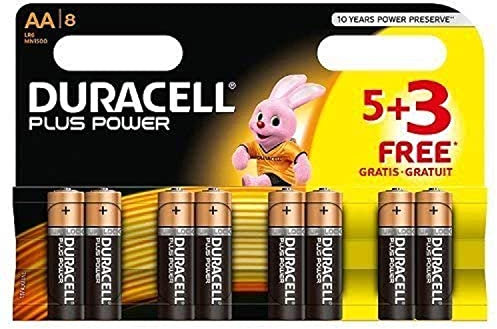 Duracell MN1500 Plus Power Alkaline Battery AA Size, 5 + 3 Free Batteries