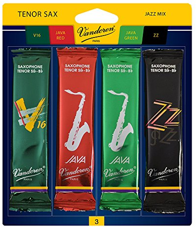 Vandoren SRMIXT3 Tenor Sax Jazz Reed Mix Card includes 1 each ZZ, V16, JAVA and JAVA Red Strength 3