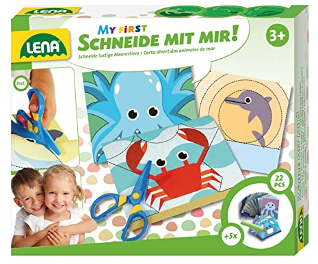 Lena 42632 My First Bastelset Schneide mit Mir Meerestiere, Komplettset mit Kunststoff Kinderschere, 26 lustige Tiere zum Ausschneiden und Ausmalen, Bastel Set und Malset für Kinder ab 3 Jahre, Mittel