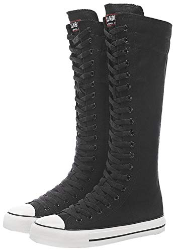 ANUFER Ragazze Donna Al Ginocchio Stivali di Tela Lacci Zip Piatto Scarpe Sportive Nero F888 EU41