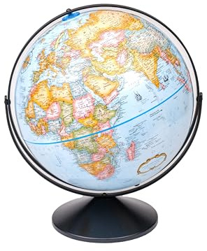 Replogle Eureka 16 inch desktop globe with up to date blue raised relief map and full swing gyromatic assembly. The beautiful blue ocean product has vast amounts of up-to-date information will pique the interest of any geographical connoisseur of all ages. This sturdy globe features over 4000 place names and political boundaries.
