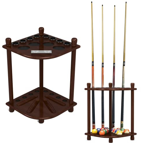 ISZY Billiards Queue Halter - Billard Zubehör zur Aufbewahrung von Billard Kö und Billardkugeln - Holz-Beistelltisch mit Billard Queue Halterung für 8 Billard Queues, 16 Bälle, 4 Getränke - Mahagoni