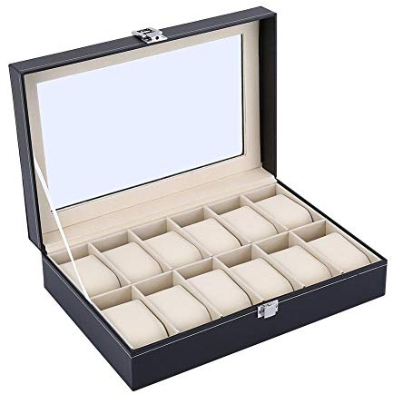 Dioche Scatola Porta Orologi con Coperchio, Custodia per 12 Orologi, Cofanetto Porta Orologi Custodia in PU Pelle per Orologio da Uomo Nero, 30.2 x 12.2 x 8cm