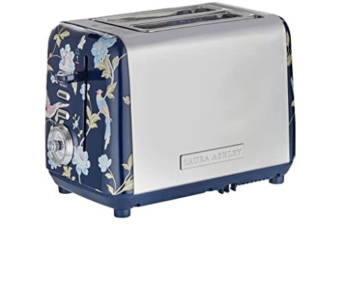 Laura Ashley Elveden Navy Stainless Steel Toaster 2 Slice By VQ - Multi Functional 2 Slice Toasters Wide Slots with 7 Variable Browning Control, Defrost & Reheat Mode - Bread Toaster with Warming Rack