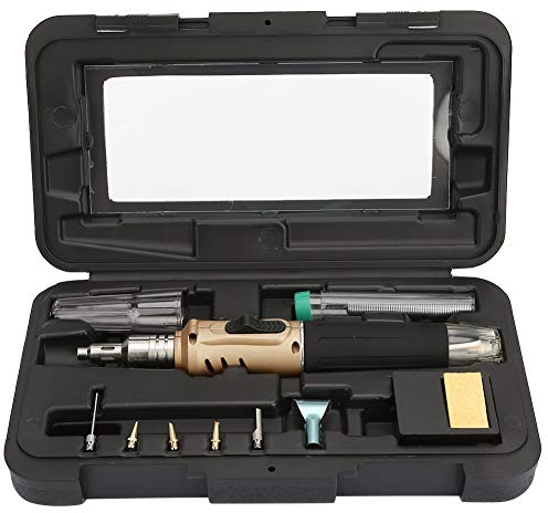 10Pcs Butane Soldering Kit, Self-Igniting Cordless Soldering Iron Torch Heat Shrink Hot Knife Soldering Iron 4 in 1 Soldering Station Tool with Case (Gold)